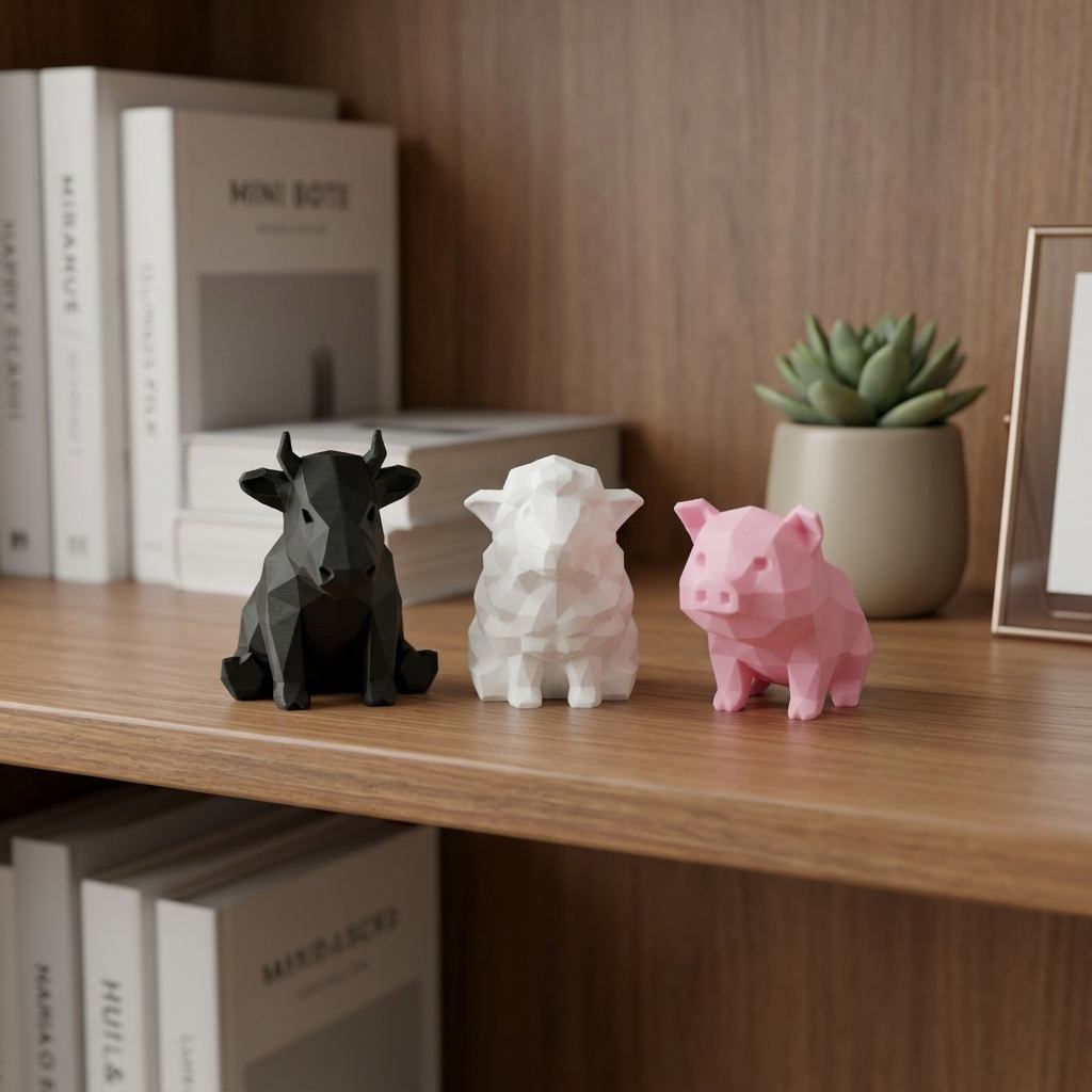 Trio decorativo de vaca, ovelha e porco em estilo low-poly